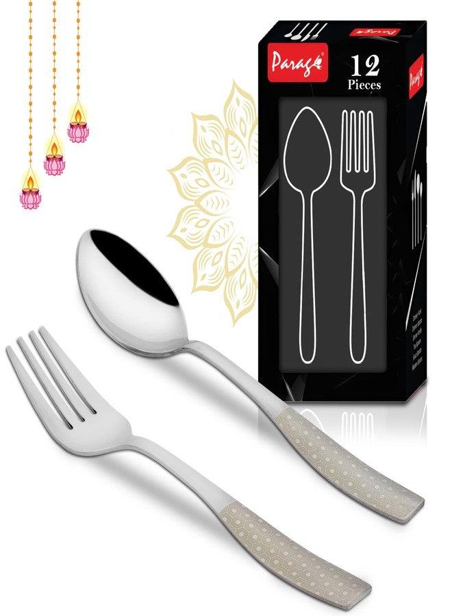 Parage 12 Pieces Stainless Steel Premium Cutlery Set for Home & Kitchen, Luxury Dining Tableware Small Spoon & Fork Gift, Laser Chammach Set, Silver Dazzle Design (6 Dinner Spoons & 6 Dinner Forks) - Image 1